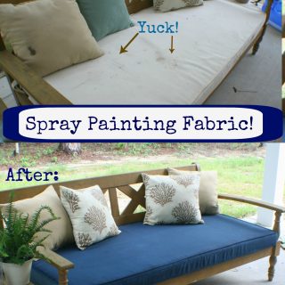 A before and after collage of dirty white patio cushion then spray painted blue decorated with pillows