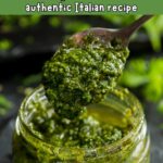 close up of spoon and jar with pesto and recipe name overlay
