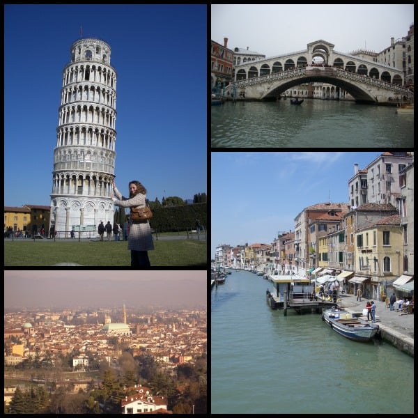 collage of Italian landmarks including Leaning tower ofPisa, Rialto bridge and Venice canal