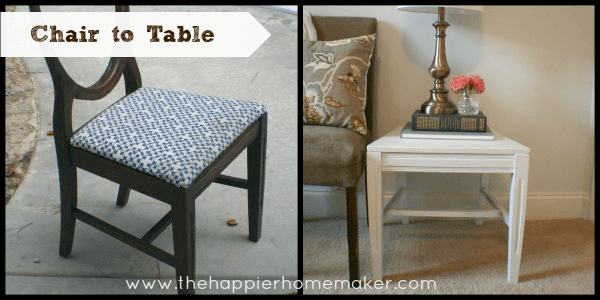 A before and after picture of making an up-cycled chair to side table