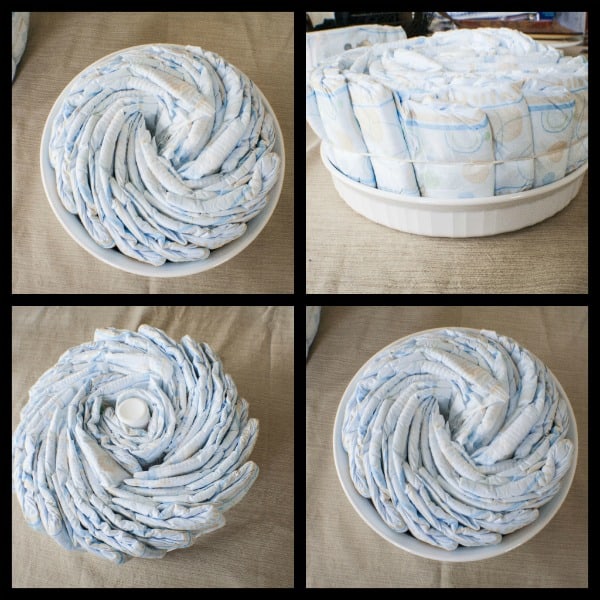 An in process collage of how to make a DIY diaper cake with four different pictures