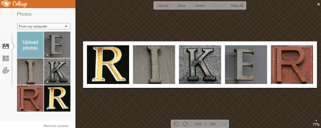 A screen shot of DIY photo name art with R, I, and K