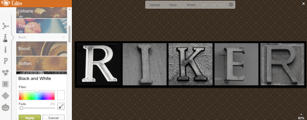 A screen shot of DIY photo name art with R, I, and K