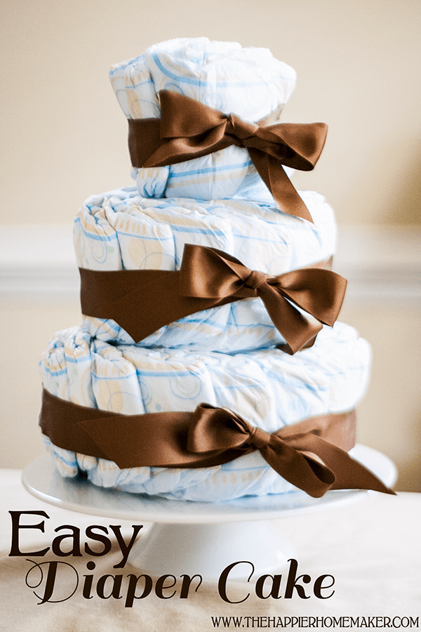 DIY stacked diaper cake with brown satin bows