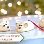 A close up of Christmas mice cookies with Twizzler tails