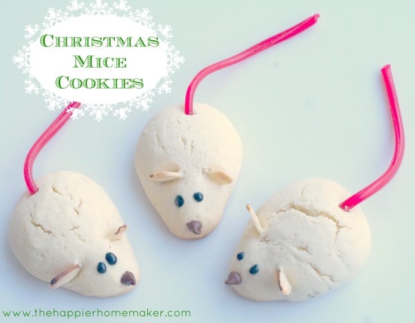 A close up of Christmas mice cookies with Twizzler tails