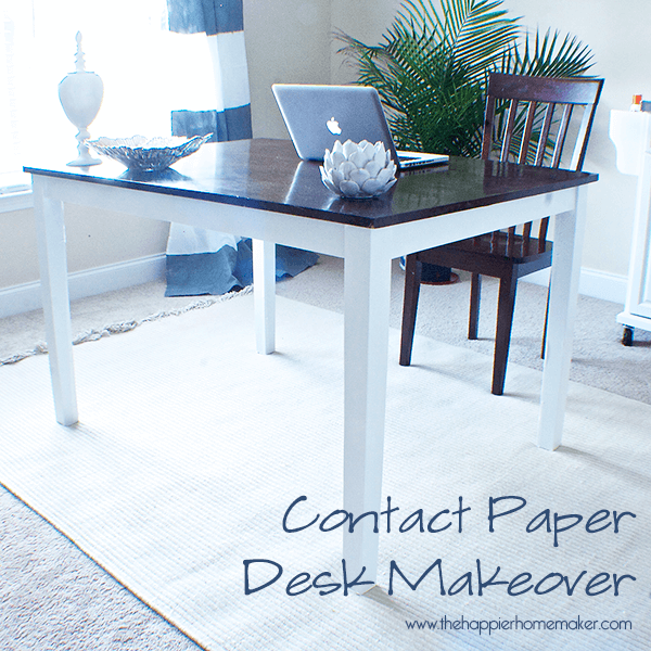 A close up of a contact paper desk makeover after picture