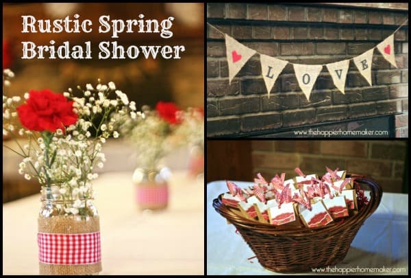 Rustic bridal shower table centerpieces including baby's breath, red carnations, and burlap garland banner 