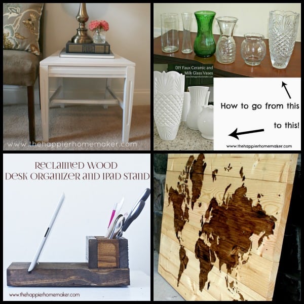 A collage of four pictures on up cycled and recycled crafts including vases, desk organizer and side table 