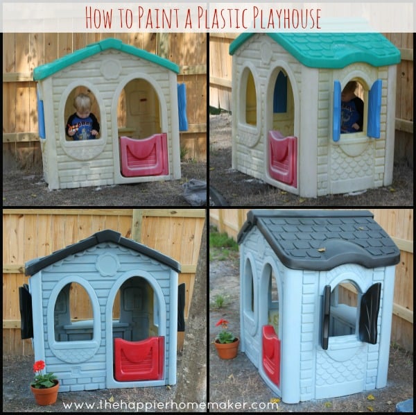 Four pictures of before and after of a plastic playhouse paint makeover 