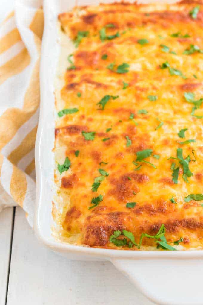 close up of enchiladas with cheese and cilantro in white casserole dish
