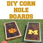 Two DIY corn hold boards one with Clemson University and one with the University of Michigan
