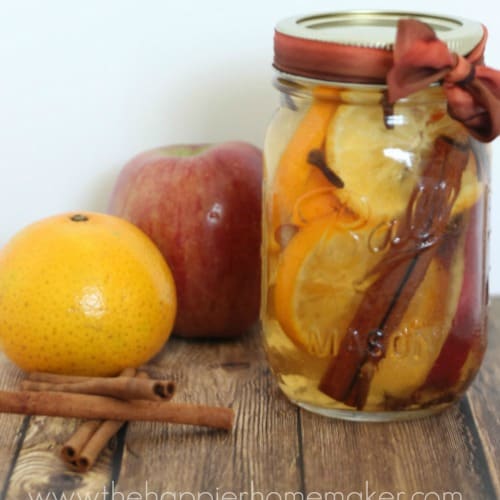 A close up of a clear mason jar filled with simmering pot recipe next to cinnamon sticks, an orange and apple