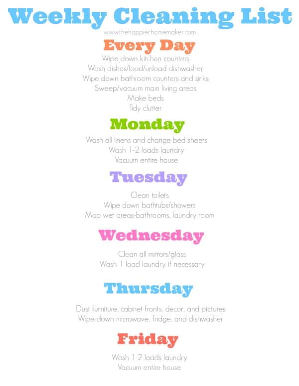 Weekly cleaning list with daily tasks