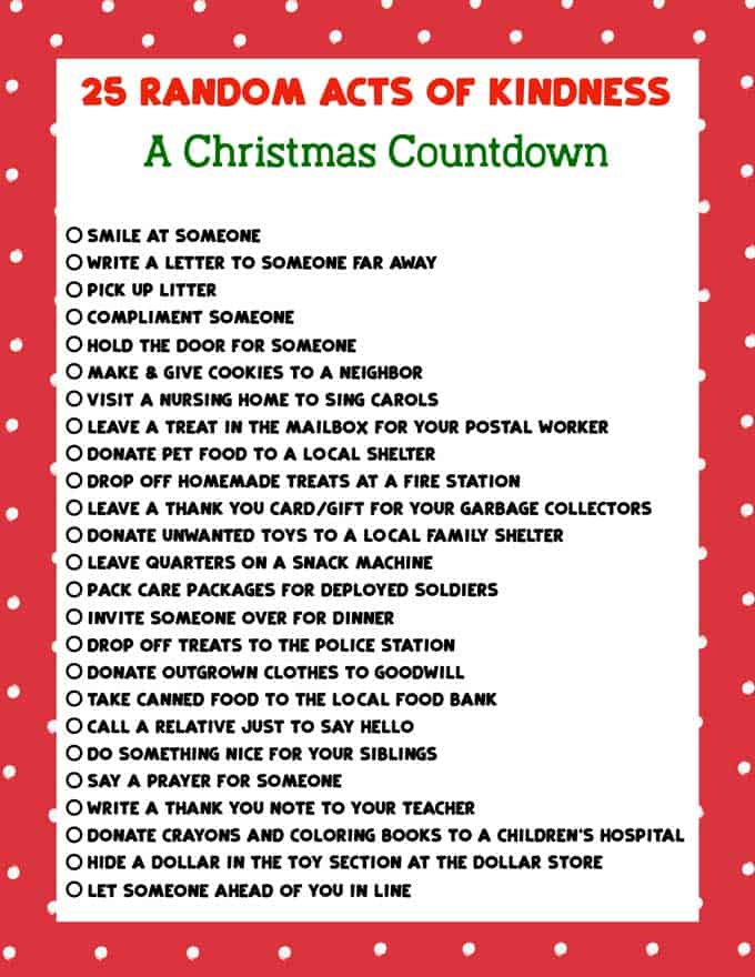 Christmas Random Acts of Kindness | Printable List of Good Deeds