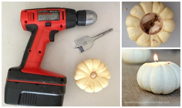A collage of several pictures on how to hollow out a small pumpkin to hold a tea candle
