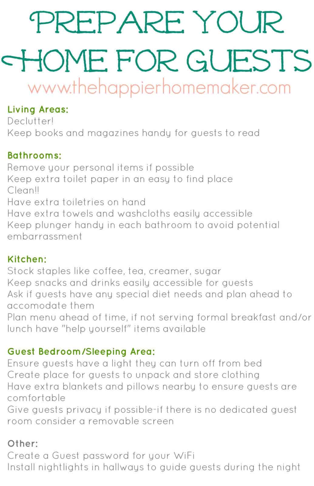 holiday guest visit checklist for different rooms in your home