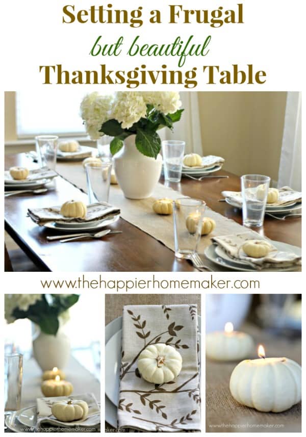 A Thanksgiving table setting with white hydrangea flowers
