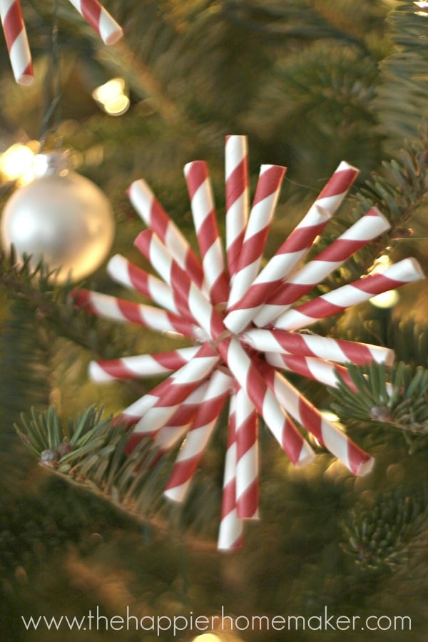 A close up of a DIY straw ornament