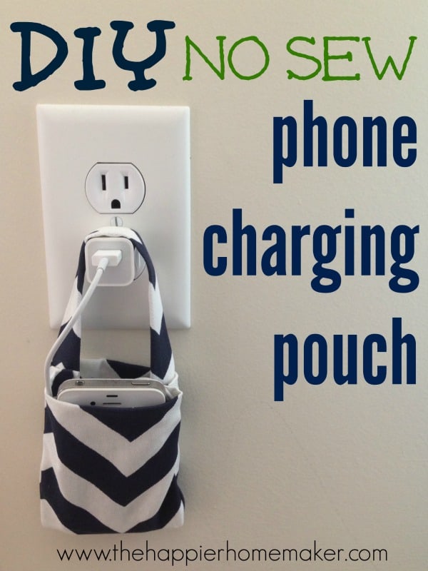 DIY no sew phone charging pouch handing on an iPhone charger