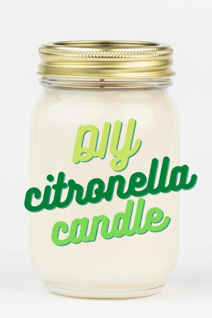 text reading diy citronella candle over photo of white candle in mason jar