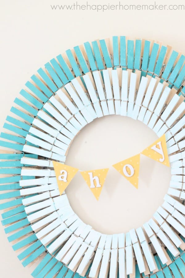 summer clothespin wreath painted different shades of blue