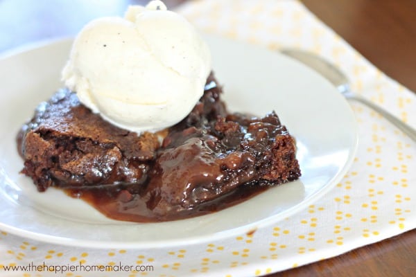old fashioned chocolate pudding cake with a scoop of vanilla ice cream on top