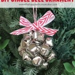 A DIY jingle bell ornament with a red and white bowtie
