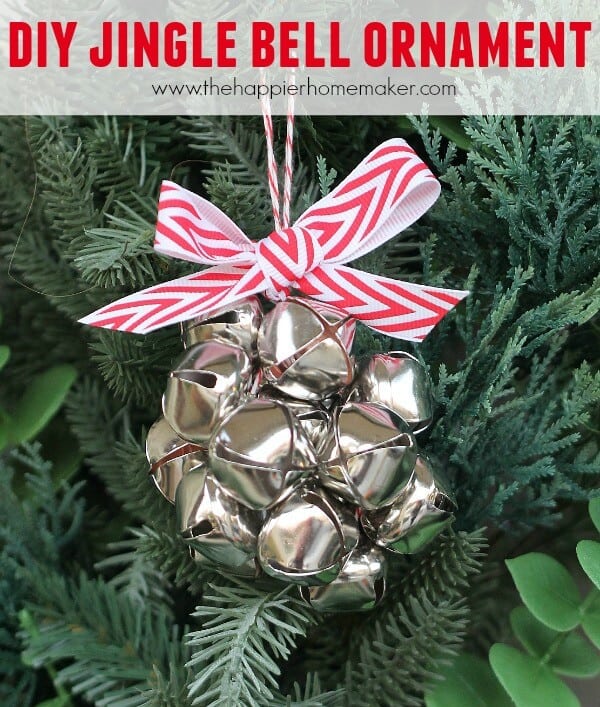 A DIY jingle bell ornament with a red and white bowtie 