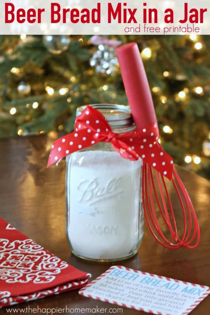 beer bread mix in a jar with bow and whisk