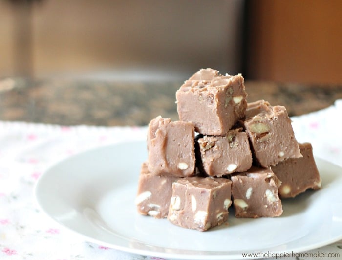 Microwave fudge cubes stacked on a white plate