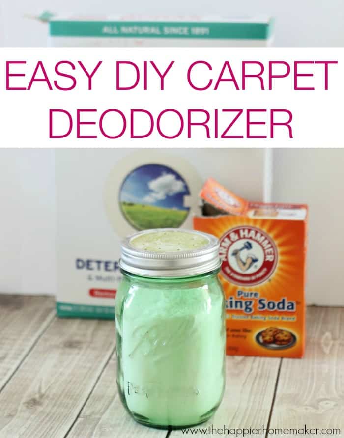 A light green jar of DIY carpet deodorizer in front of Arm & Hammer baking soda