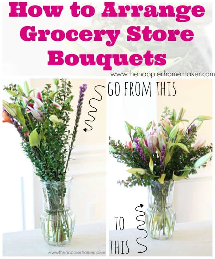 A before and after picture showing how to arrange grocery store flowers to make them appear more full