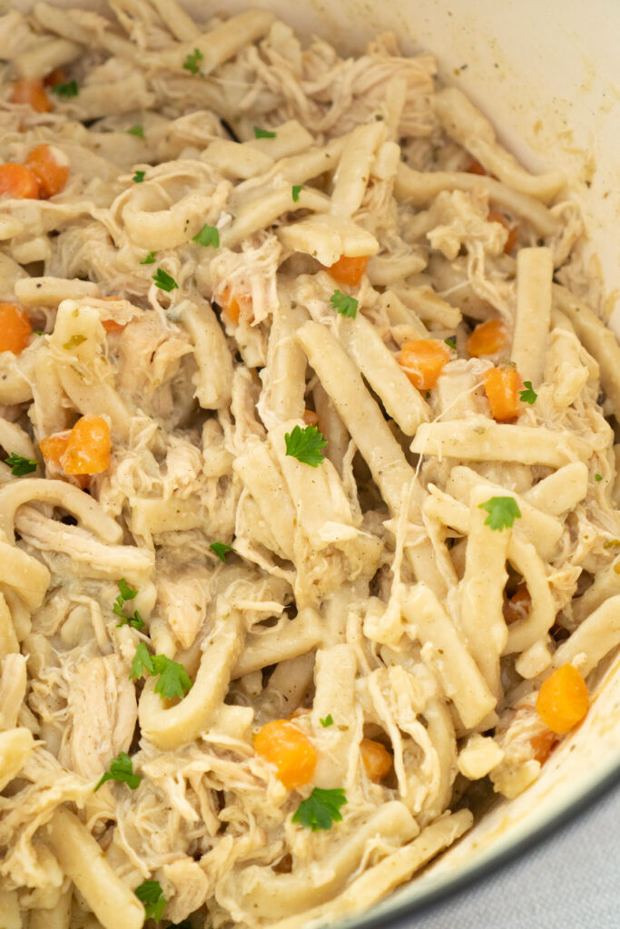 Reames chicken and noodles in dutch oven