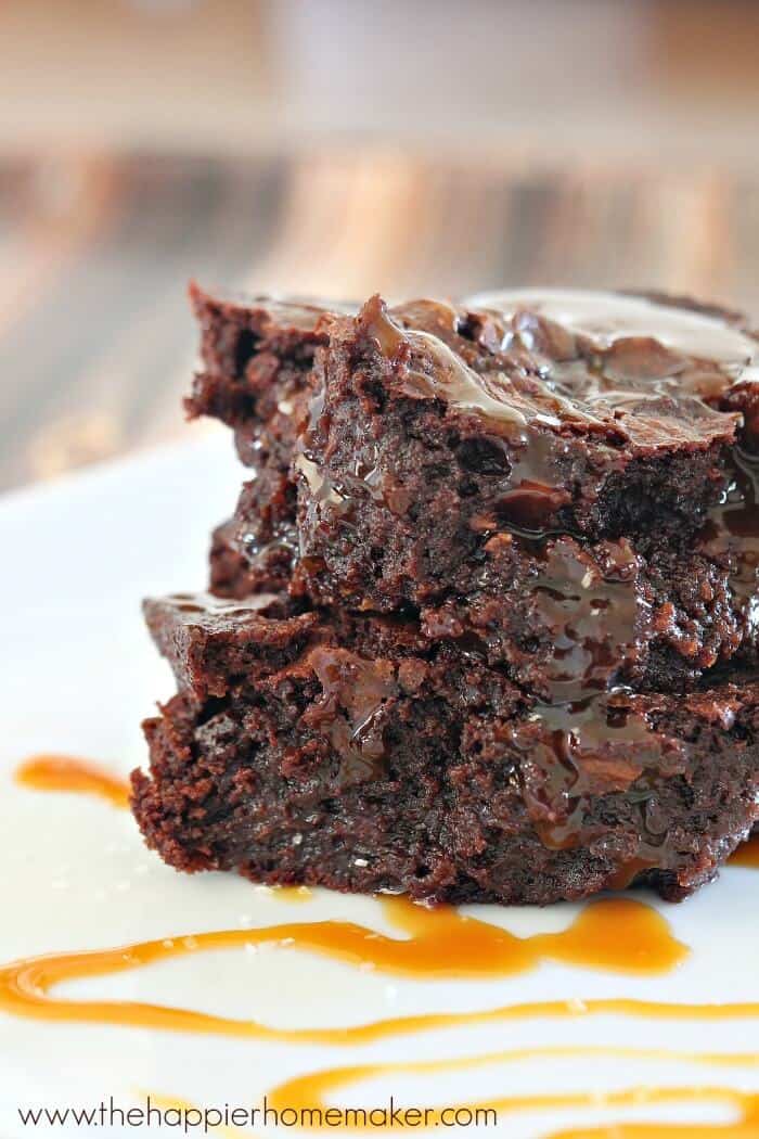 A close up of easy caramel brownies