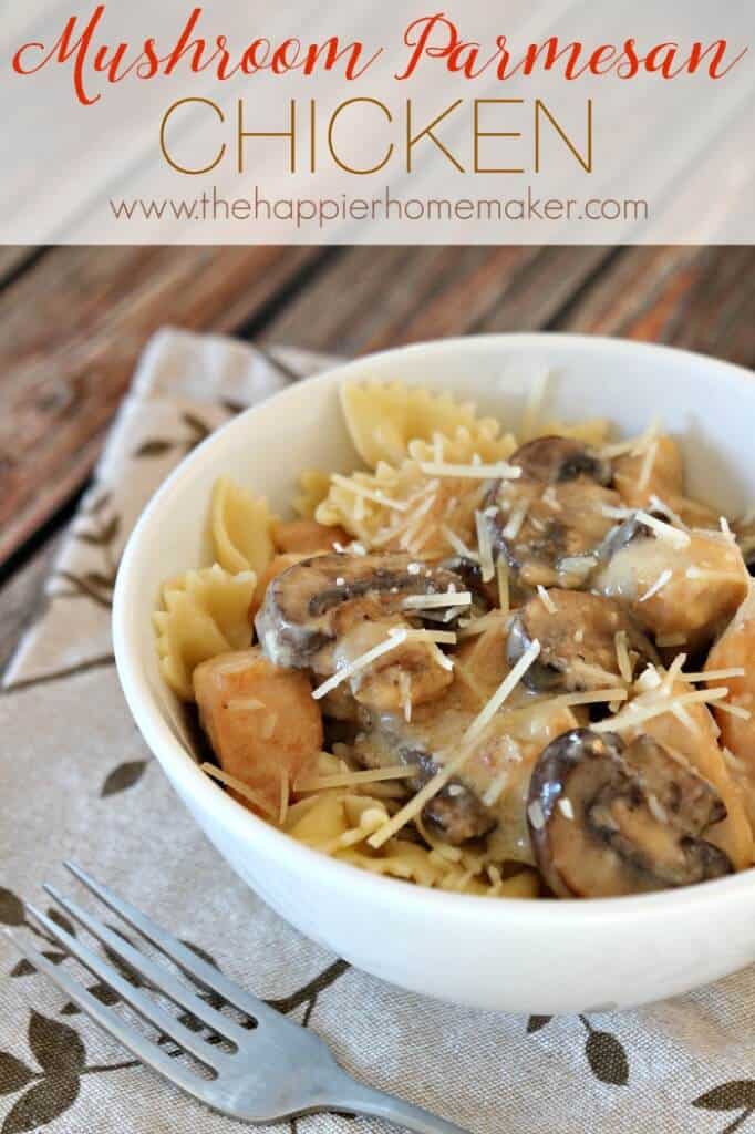 A close up of Parmesan mushroom chicken on a brown napkin