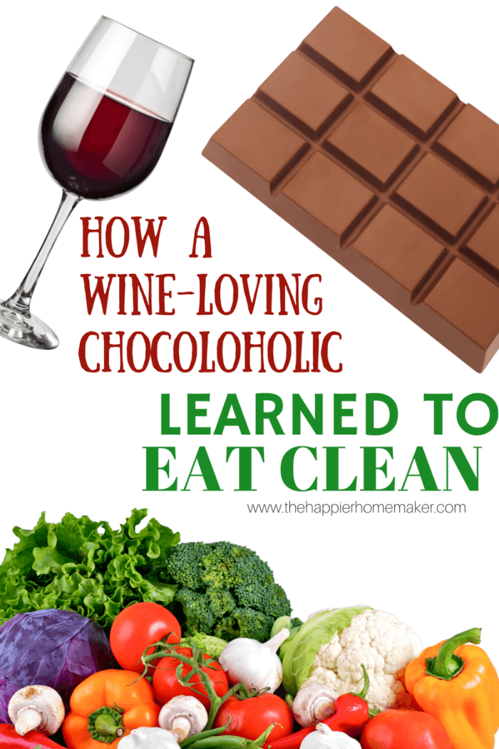 The words How a wine-loving chocoloholic learned to eat clean\" with drawings of wine, vegetables and chocolate around it
