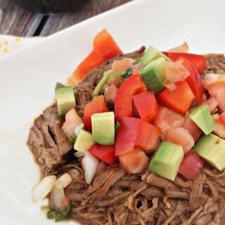shredded beef topped with diced peppers and avocado on a white plate