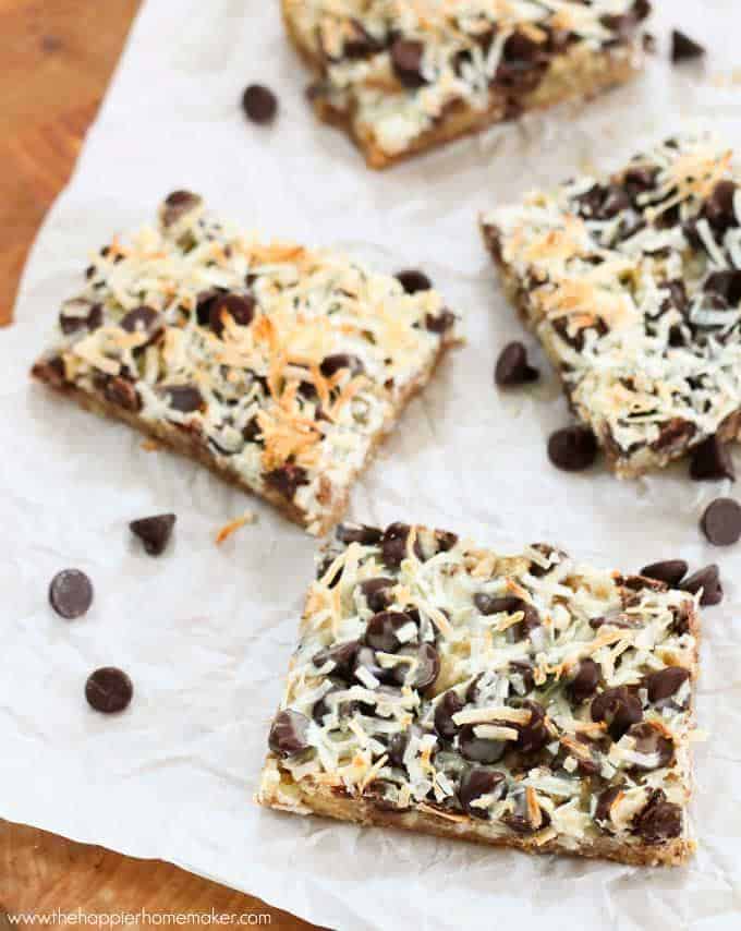 chocolate coconut bars on parchment paper 
