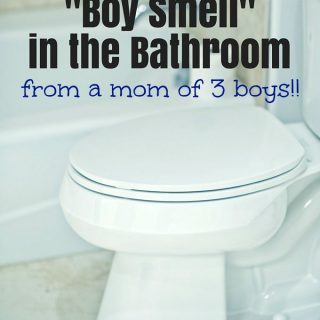 The words "how to get rid of boys smell in bathroom from a mom of 3 boys!!" over top of a toilet