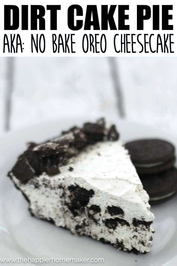 A piece of dirt cake Oreo cheesecake with two Oreos next the plate