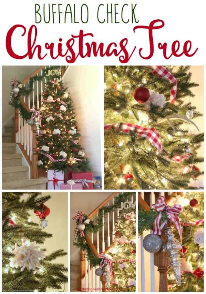 A collage of Christmas decorations including a Christmas tree, garland on a staircase and close ups of ornaments