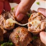 collage of cheese stuffed meatballs with recipe name overlay