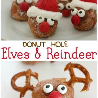 The words "donut hole Elves & Reindeer" in-between two pictures of DIY donut hole elves and reindeer