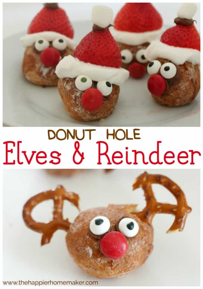 The words \"donut hole Elves & Reindeer\" in-between two pictures of DIY donut hole elves and reindeer