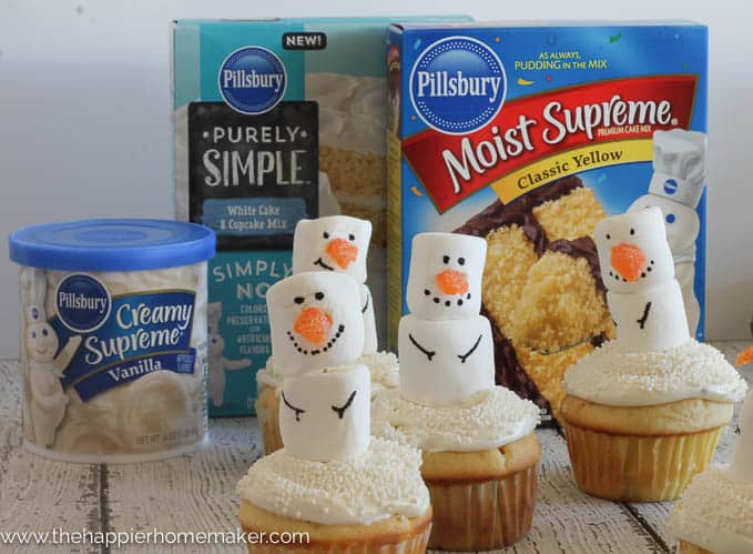 snowman cupcakes with boxed cake mix and frosting in background