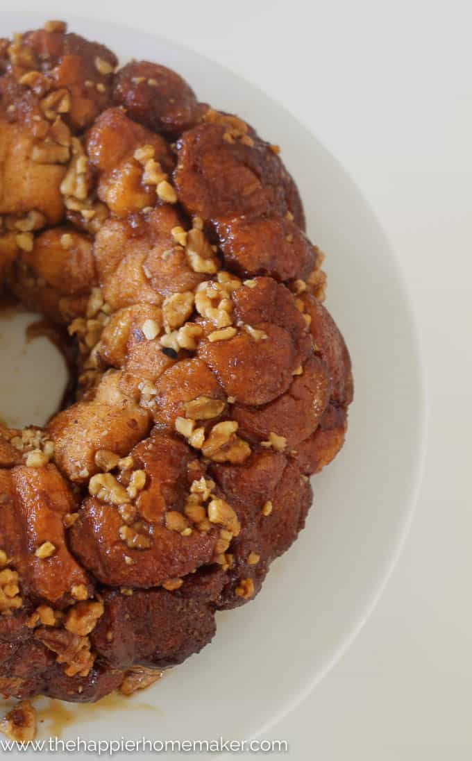 Baklava Monkey Bread on white cake stand from overhead