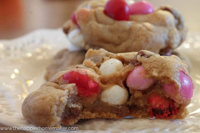 A close up of the inside of peanut butter MM chocolate chip cookies