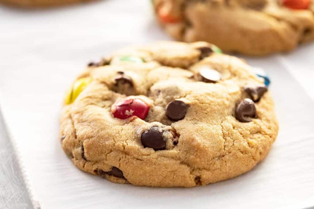 M&M soft batch cookies on pan