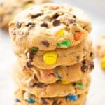 stack of M&M soft batch cookies